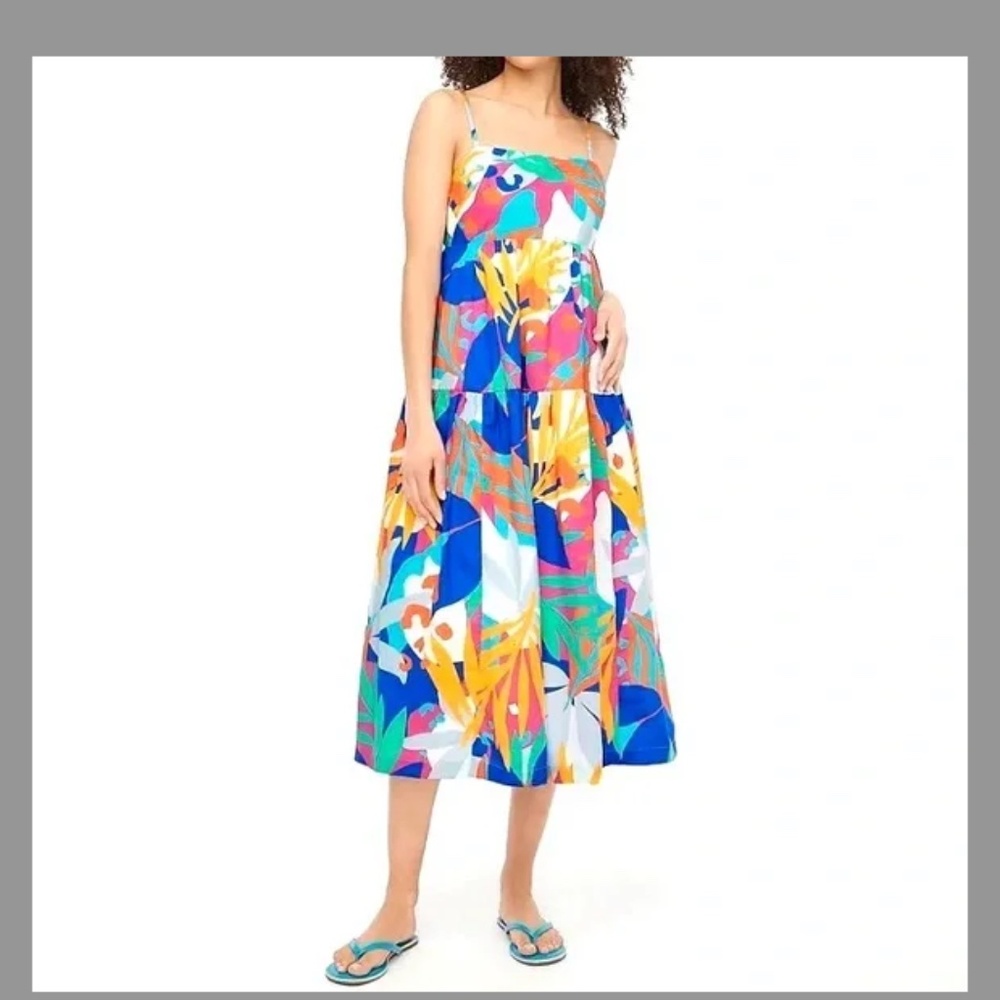J Crew Tie-Back Midi Tropical Tiered Sun Dress